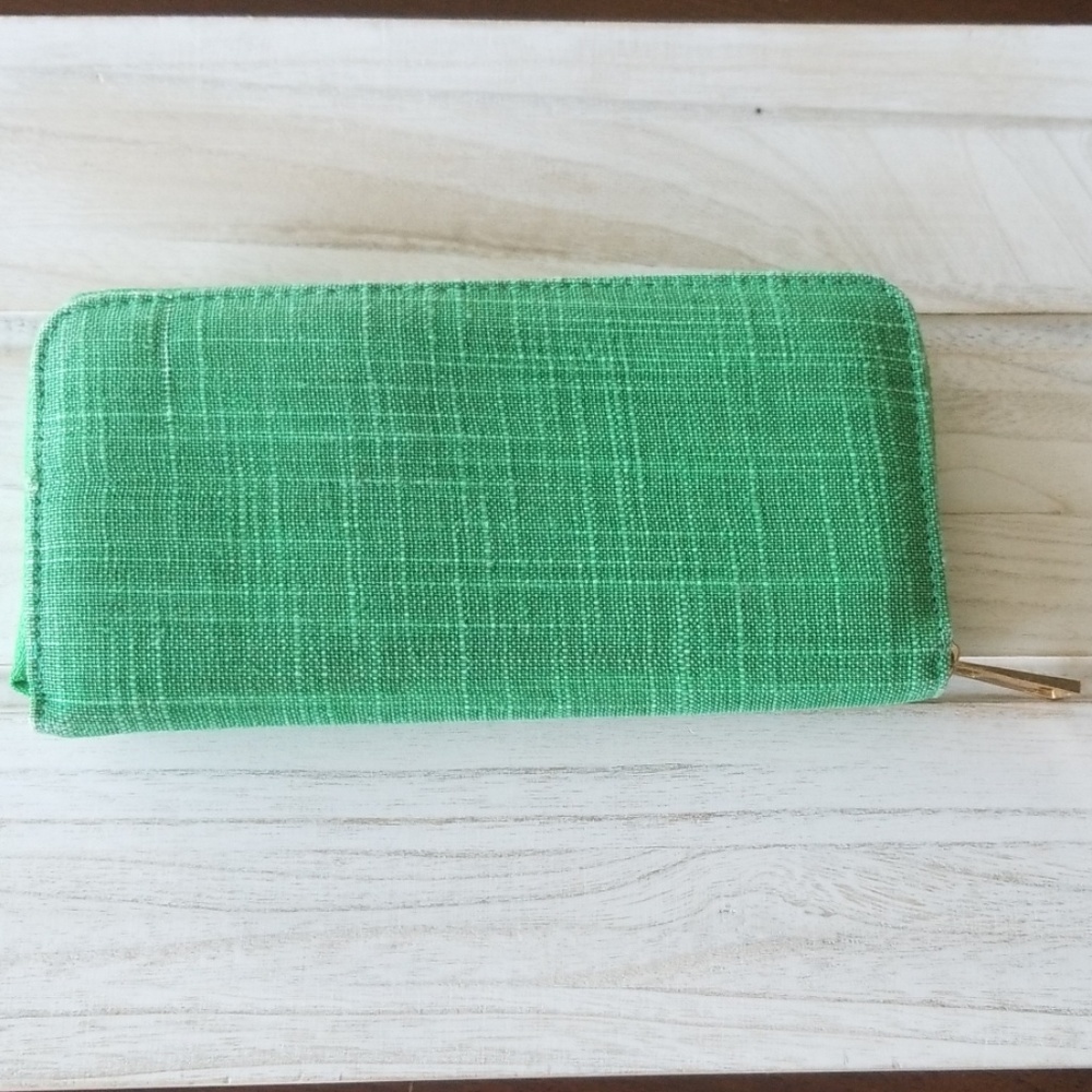 Green fabric zip around clutch wallet